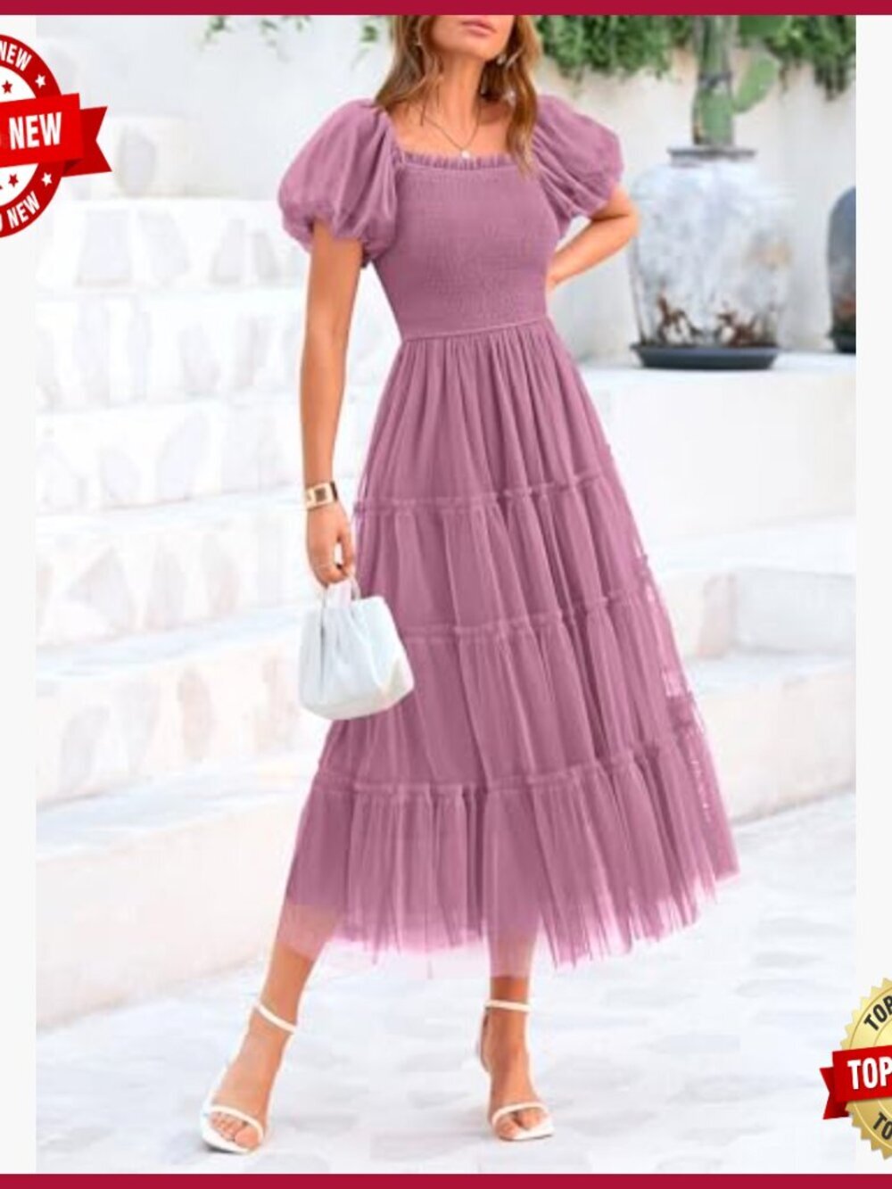 Smocked Midi Tulle Dress Puffy Sleeve Square Neck Wedding Guest Party - Picture 4 of 7